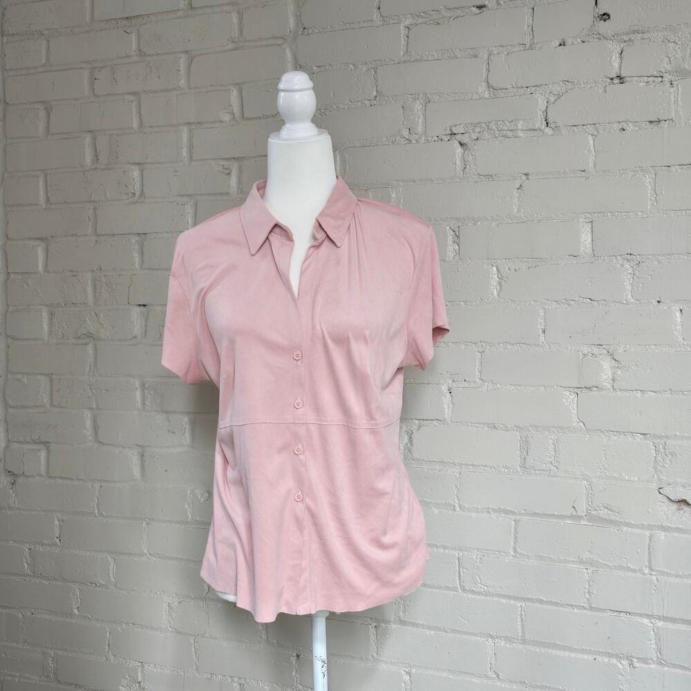 Studio M XL, Pink soft Faux-suede Short-sleeve Button-down Cottagecore Soft girl